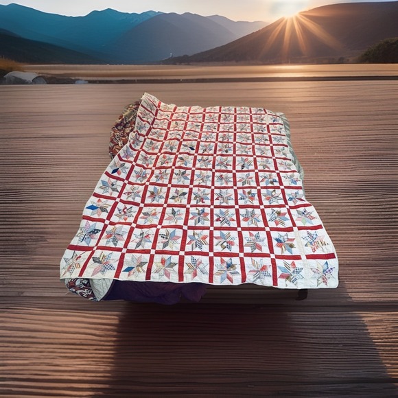 READ Vintage Handmade Star Patchwork Quilt 59x79 Red White Multicolor Cotton